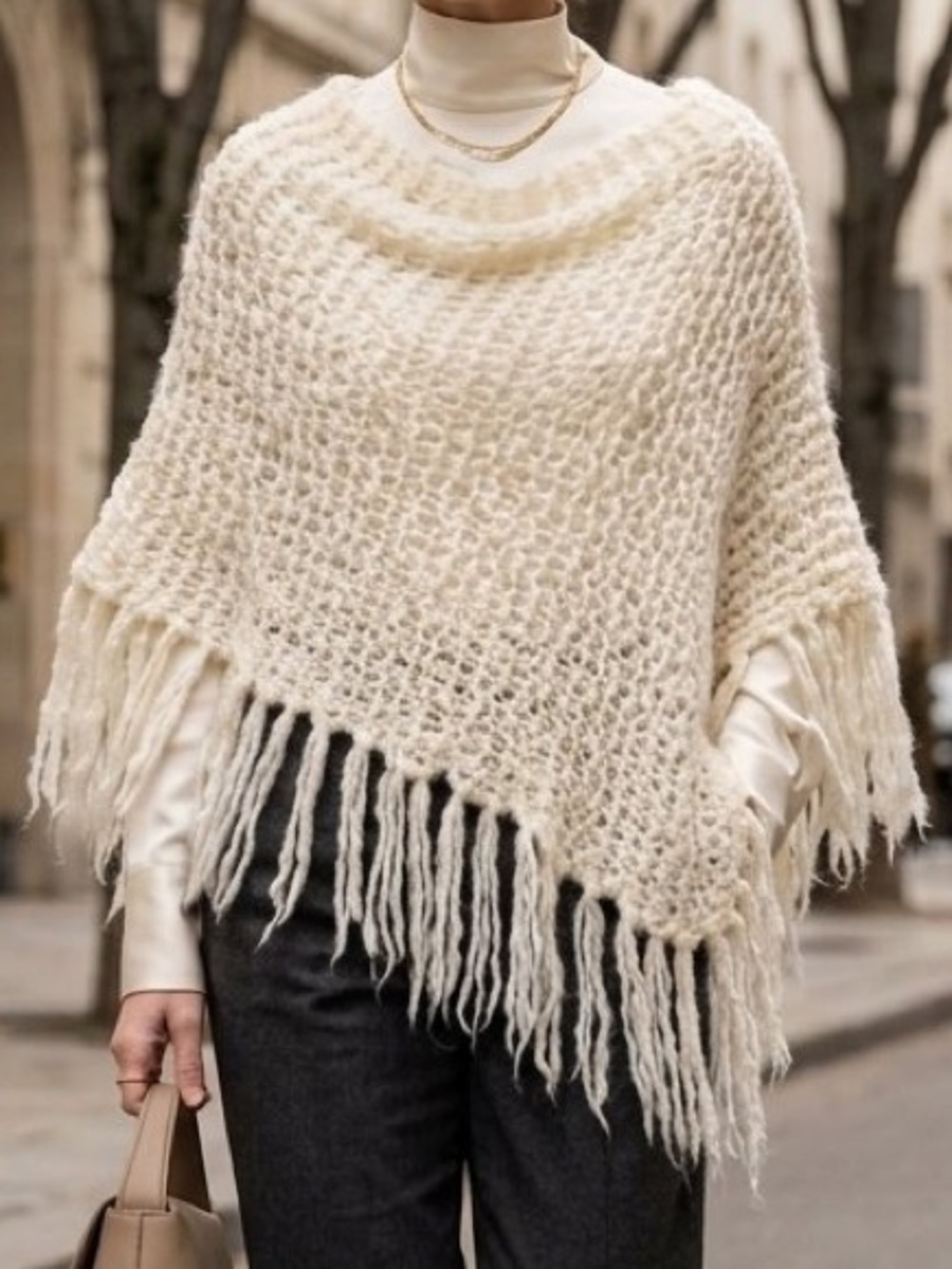 Handknit Poncho Pullover Sweater Cream Fringe Knit OS
